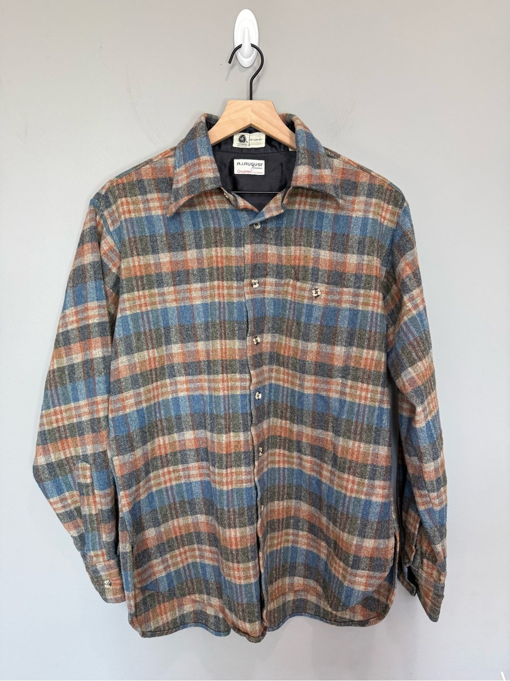 Vintage AJ August Wool Blend Plaid Flannel Shirt Jacket Mens L Made‎ USA